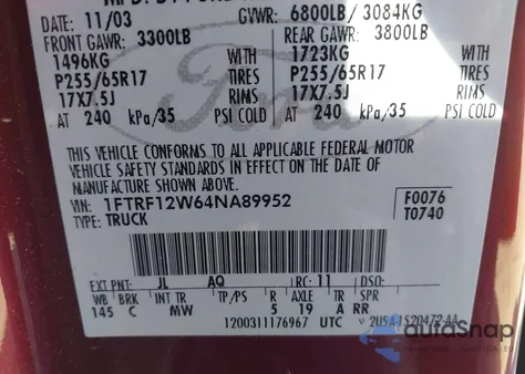 2004 Ford F-150 Stx/Xl/Xlt from USA, damaged, VIN 1FTRF12W64NA89952